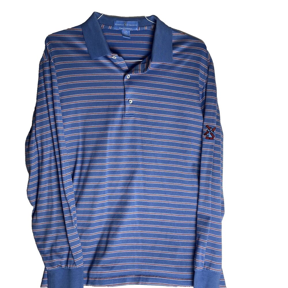 Fairway Greene Men's Golf  Polo Size  Large Performance White Blue Striped